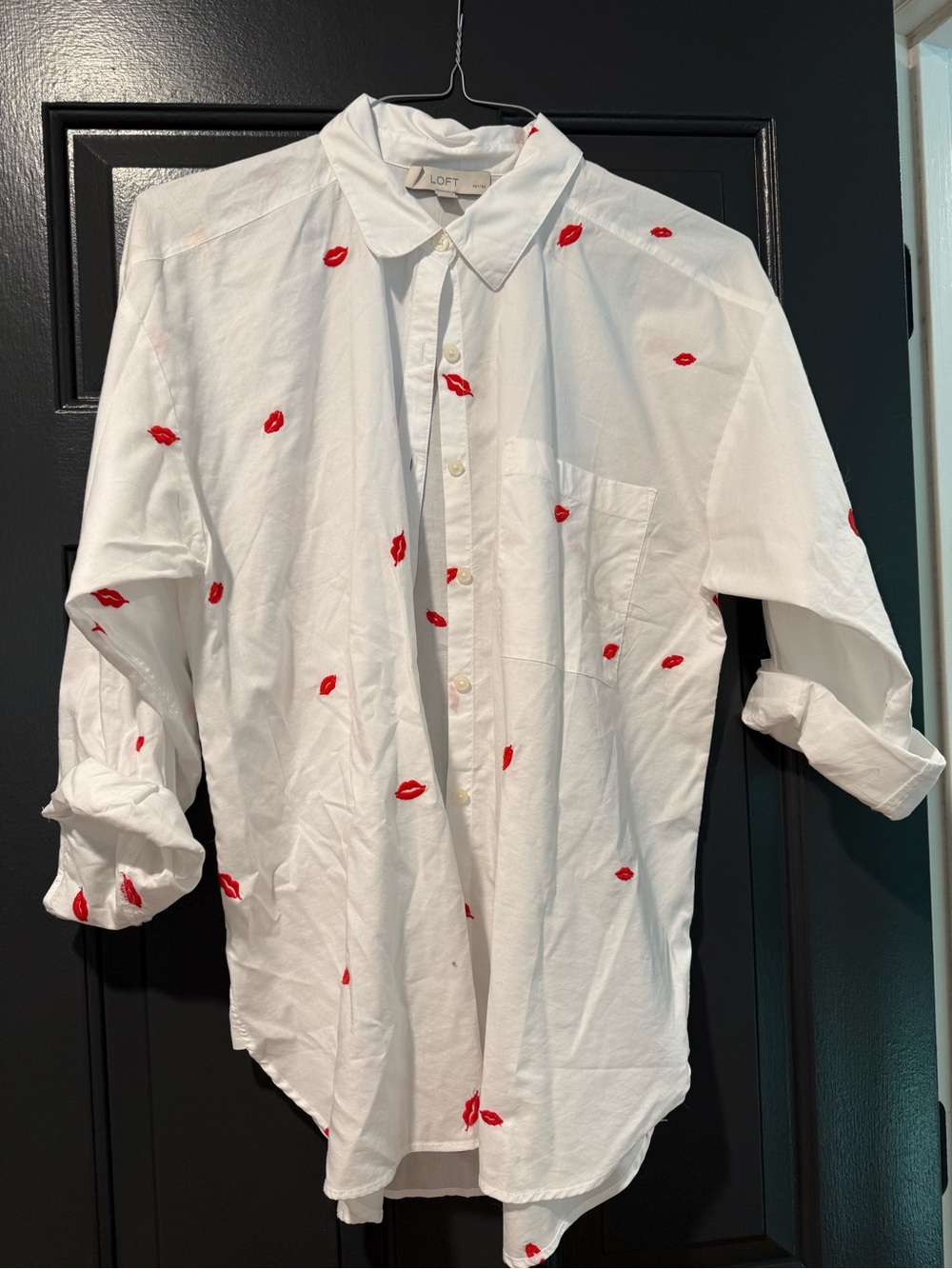 LOFT White Button-Down Shirt with Red Lip Motif